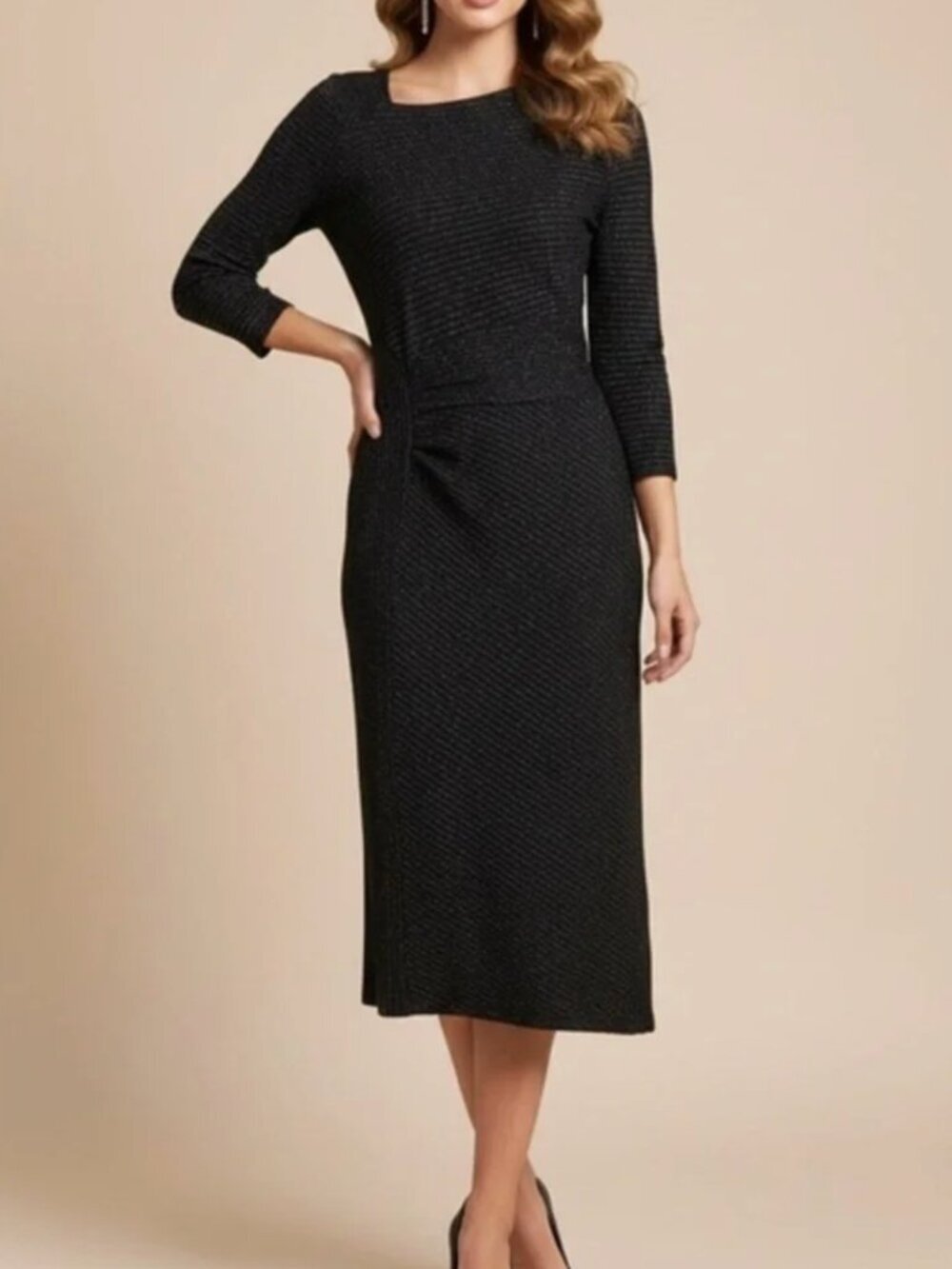 Anthropologie NWT  Tegan Metallic Black 3/4 Sleeve Ribbed Asymmetrical Dress, XS